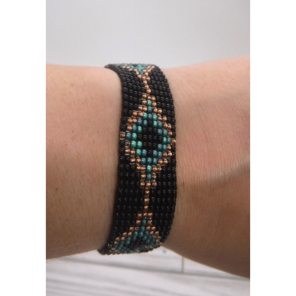 Loom Beaded Bracelet Black, Bronze & Green
